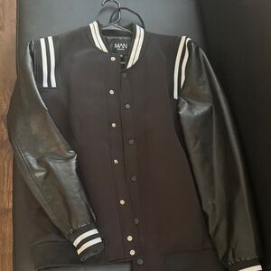 Boohoo Black Varsity Jacket with White Stripes
